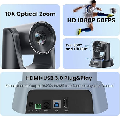 PTZ Camera HDMI/USB 10X Optical Zoom 60fps 1080P Video Conference Camera for Church Worship Live Streaming Meeting Online Learn with Zoom YouTube OBS and More