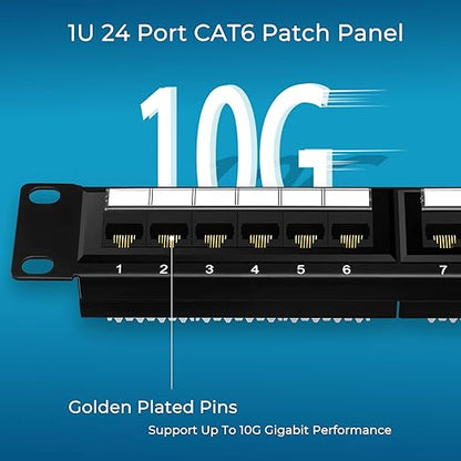 Rapink Patch Panel 24 Port Cat6 10G Support, Network Panel UTP 19-Inch, Wallmount or Rackmount 1U Ethernet Patch Panel Punch Down Block for Cat6, Cat5e, Cat5 Cabling