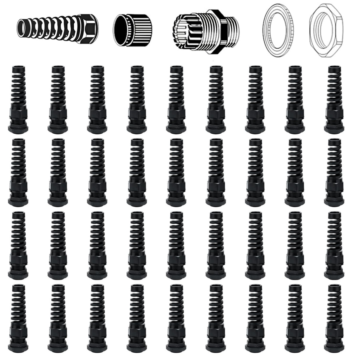 38 Pcs PG7~21 Kit Cable Gland 3-18mm Nylon Strain Relief Spring IP68 PA66