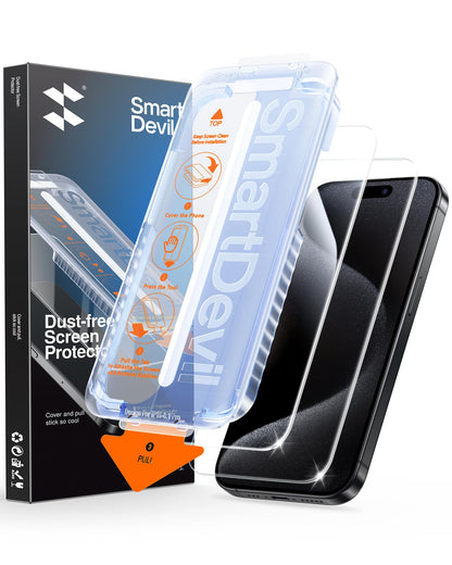 SMARTDEVIL 2 Pack for iPhone 15 Pro Max Screen Protector, 9H Hardness Military Grade Shatterproof, HD Clear Tempered Glass with Auto Dust-Elimination, Bubble Free, Easy Installation, Case Friendly