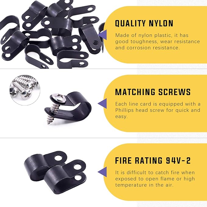 Swpeet 120 Pack Black 3/8 Inch Nylon Plastic R-Type Cable Clips Clamp Kit, Nylon Screw Mounting Cord Fastener Clips with 120 Pack Screws for Wire Management (3/8 Inch, Black)