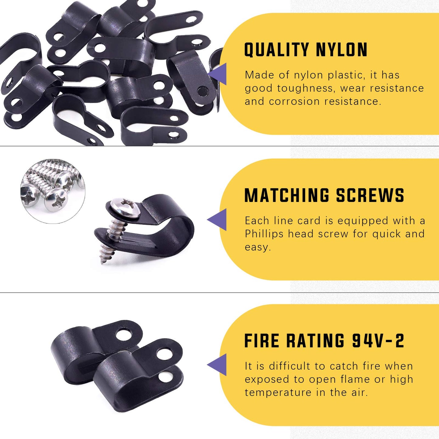 Swpeet 120 Pack Black 3/8 Inch Nylon Plastic R-Type Cable Clips Clamp Kit, Nylon Screw Mounting Cord Fastener Clips with 120 Pack Screws for Wire Management (3/8 Inch, Black)