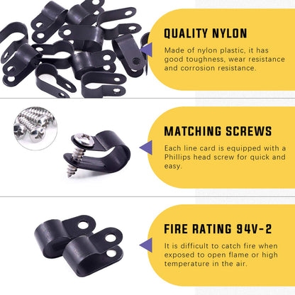 Swpeet 120 Pack Black 3/8 Inch Nylon Plastic R-Type Cable Clips Clamp Kit, Nylon Screw Mounting Cord Fastener Clips with 120 Pack Screws for Wire Management (3/8 Inch, Black)