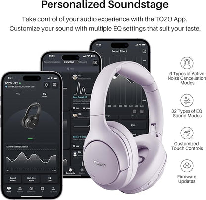 TOZO HT2 Hybrid Active Noise Cancelling Headphones, Wireless Over Ear Bluetooth Headset, 60H Playtime, Hi-Res Audio Custom EQ via App Deep Bass Comfort Fit Ear Cups, for Home Office Travel Purple