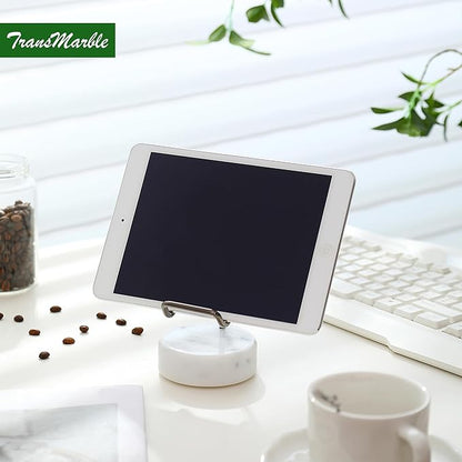 Marble Phone Stand with Metal Holder, Charging Available While Using, Swipe Up to Unlock, Made of Natural Marble as Business Card Holder for Office Desk (Starry White + Black)