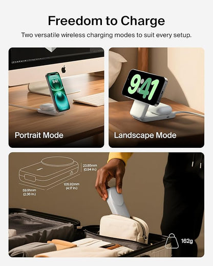 Belkin MagSafe Charger Compatible, 2-in-1 Charging Station, Qi2.2 25W Magnetic Wireless Charger Dock, Foldable Stand, with 5W USB-C Port, for iPhone 16/15/14, AirPods (45W Adapter Included)