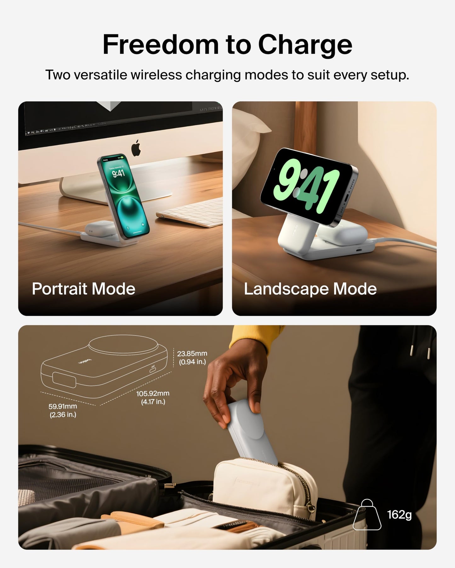 Belkin MagSafe Charger, Compatible 2-in-1 Charging Station, Qi2.2 25W Magnetic Wireless Charger iPhone, Foldable Stand, with 5W USB-C Port, for iPhone 17/16/15, Pixel 10, AirPods, 45W Adapter Included