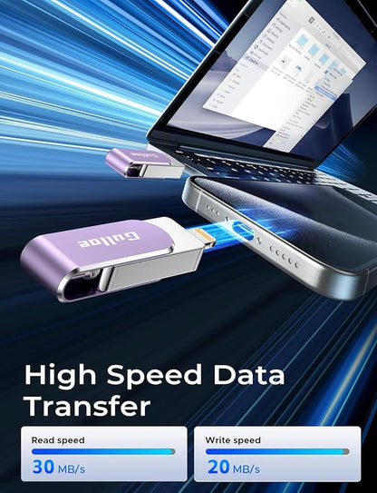 Gulloe 256GB Flash Drive Intended for iPhone, Memory Stick Storage for Photos and Videos Backup, Compatible with iPhone iPad Android PC, Plug and Play, No Application Required (Purple)