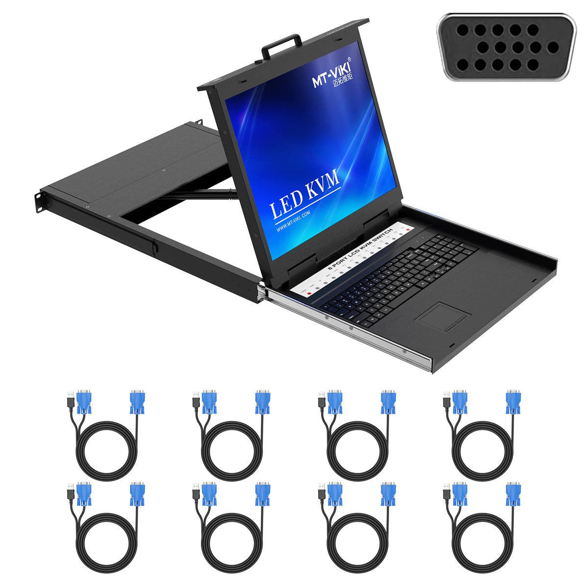 MT-VIKI Rack KVM Switch w/17'' LCD Monitor, 16 Port VGA KVM Switch with Keyboard Touchpad Monitor, Fit for 1U 19'' Rack, OSD/Hotkey/Button 【with 16 VGA KVM Cable】