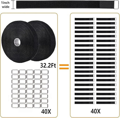 2 Rolls 32.2ft 1 Inch Wide Cable Ties, Jumpso Adjustable Fastening Zip Ties Hook and Loop Straps with 40 Metal Buckles, Reusable Nylon Cinch Straps for Organizer, Black