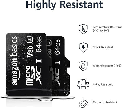 Amazon Basics MicroSDXC UHS-I Class 10 Memory Card with Full Size Adapter, A2, U3, V30, 4K, Read Speed up to 100 MB/s, 64 GB (2pack), for GoPro Cameras Storage, Black
