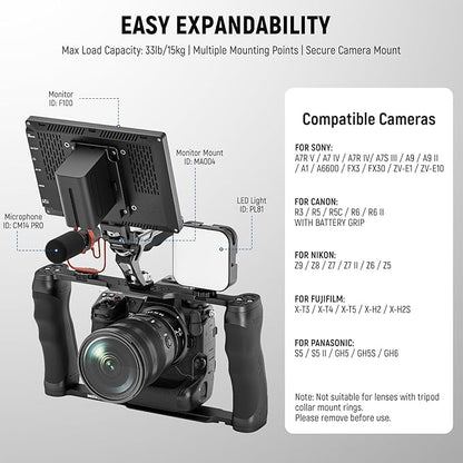 NEEWER Universal Camera Cage & Top Handle with 3/8" ARRI Locating Pins Kit, Video Rig Camera Stabilizer with Arca Type Base, Dual Handgrips, Compatible with SmallRig Accessories, CA016T