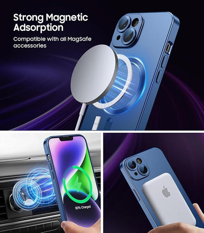 LEKEVO Magnetic for iPhone 14 Plus Case [Compatible with MagSafe][Built-in Camera Lens Protector] Slim Soft Silicone Bumper Shockproof Metallic Luster Phone Case (Blue)