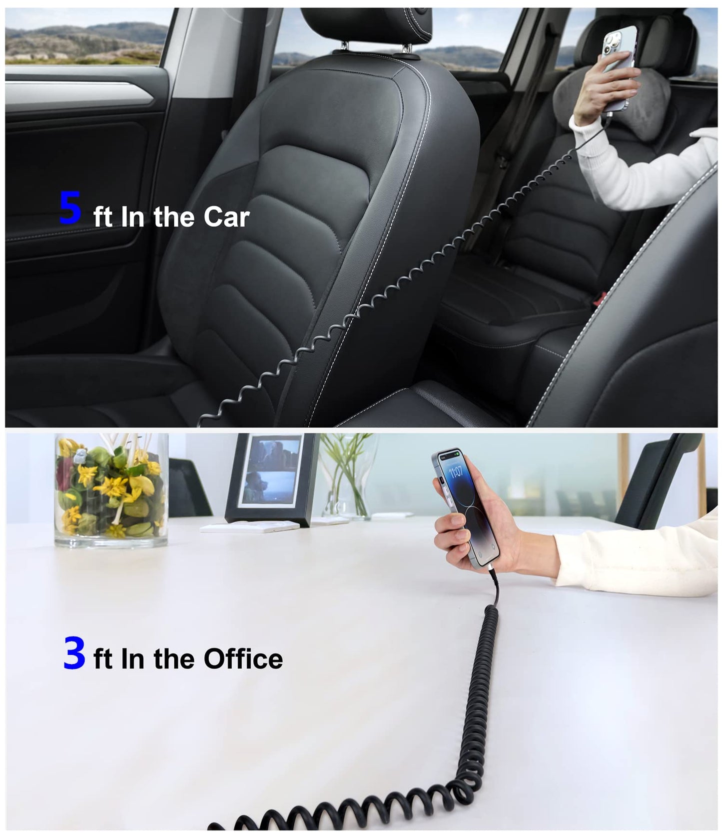 PRAKIE iPhone Charger Cable for Car (3FT/5FT), 2Pack Coiled Lightning Cable