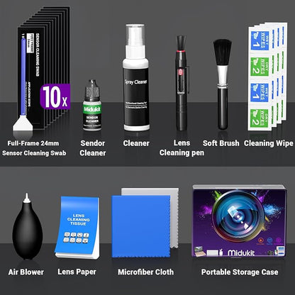 Updated Camera Lens and Sensor Cleaning Kit for Full Frame DSLR - 10x Swabs, Cleaner, and Essentials for Canon, Nikon, Sony