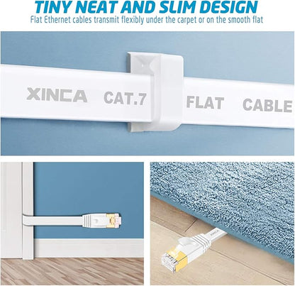 Cat 7 Flat Ethernet Cable 100ft White, High Speed 10GB Shielded (STP) LAN Internet Network Cable Ethernet Patch Computer Cable with Rj45 Connectors and 50pcs Adhesive Cable Clips