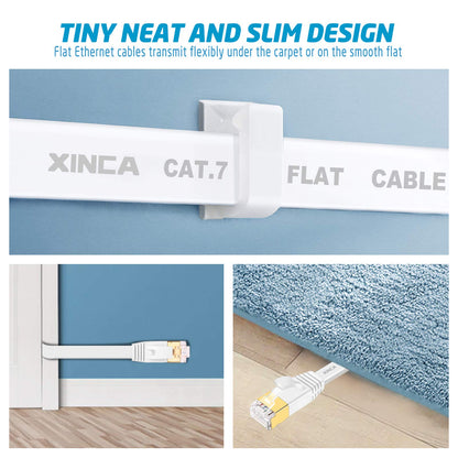 XINCA Cat 7 Flat Ethernet Cable 15ft White, High Speed 10GB Shielded (STP) LAN Internet Network Cable Ethernet Patch Computer Cable with Rj45 Connectors and 5pcs Adhesive Cable Clips