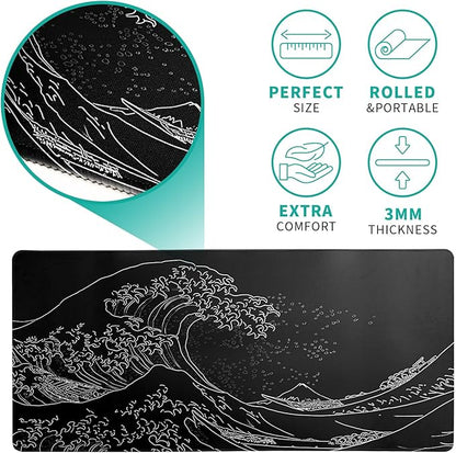 Japanese Gaming Mouse Pad Abstract Black Mouse Pad 31.5x11.8 Inch Black Sea Wave Texture Non-Slip Rubber Base Large Ocean Mousepad Stitched Edges Keyboard Mouse Mat Desk Pad for Office and Home