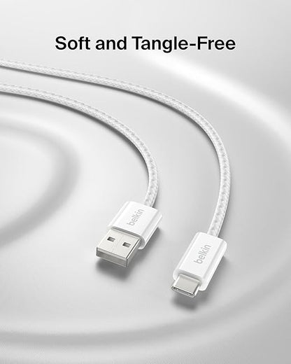 Belkin USB A to USB C Cable, 6.6ft, 15W - Type C Charger, iPhone Charger Cord, Soft, Braided, Flexible for iPhone 16 & 15, Galaxy S25, Pixel 9, iPad Pro, Airpods Pro, Switch & More - White