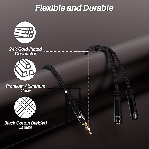 1/8inch Aux Headphone Splitter 2 Way Cable 2FT, 3.5mm 1 Male to 2 Female Mic and Audio Y TRRS Adapter, Compatible with Headset Earphone Switch 2/PS4/PS5 Steam Deck Xbox PC Laptop Phone Tablet Gaming