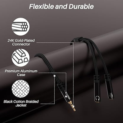 1/8inch Aux Headphone Splitter 2 Way Cable 6FT, 3.5mm 1 Male to 2 Female Mic and Audio Y TRRS Adapter, Compatible with Headset Earphone Switch 2/PS4/PS5 Steam Deck Xbox PC Laptop Phone Tablet Gaming