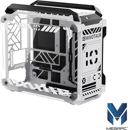 MegaPC Mino Open-Frame ATX Gaming Case – Industrial Design, Tempered Glass Panels, High Airflow, ARGB Lighting, USB-C Port (Black/White/Print Stream, with Fans Only)