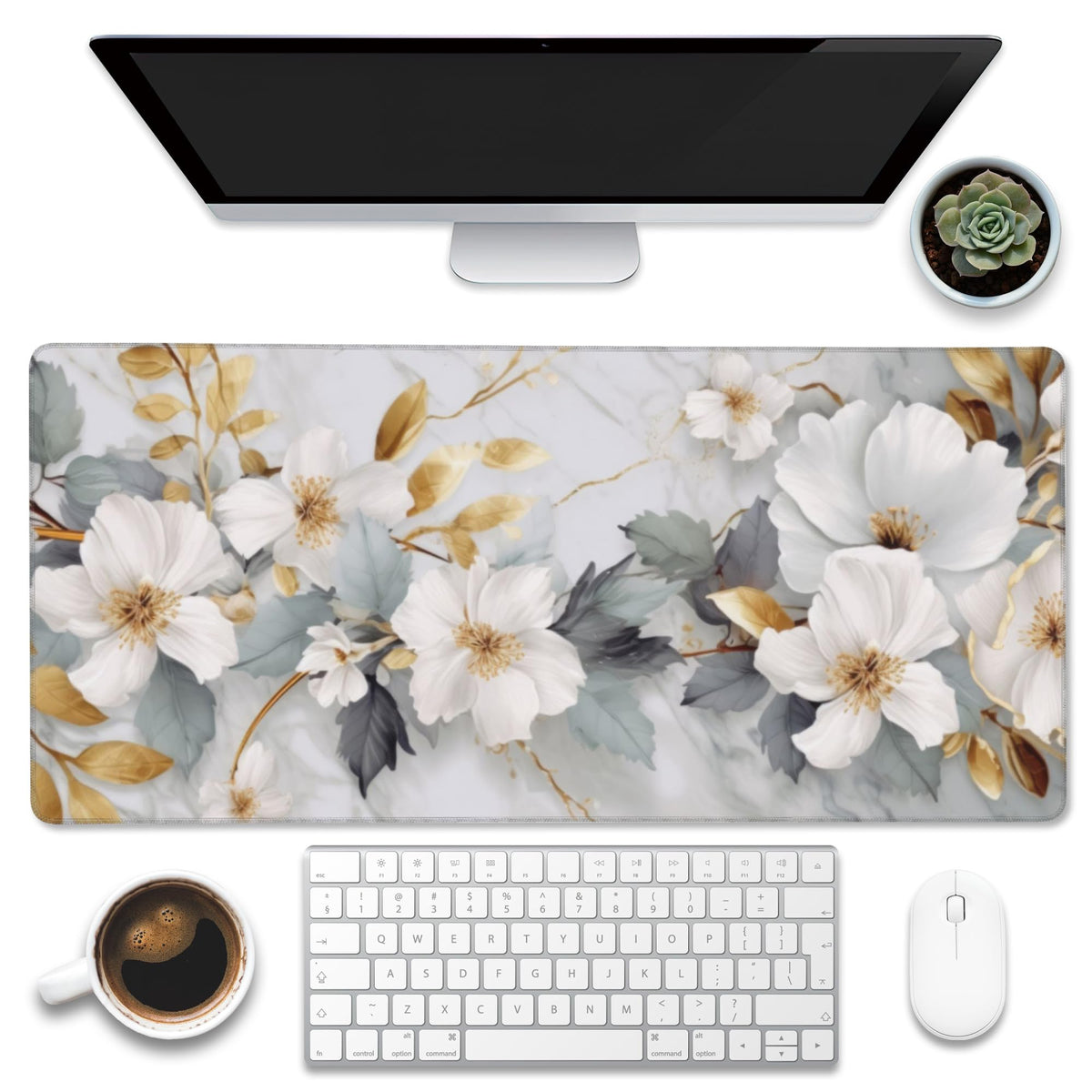 Eflxamz Large Gaming Mouse Pad, Koi Fish Ink Painting Desk Mat, Golden Line Lotus Desk Pad, Extended Big Computer Keyboard Mouse Pad with Non-Slip Base and Stitched Edge, 31.5"x11.8"