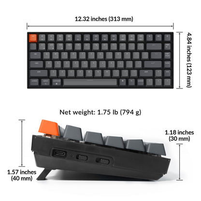 Keychron K2 75% Layout Bluetooth Wireless Mechanical Keyboard Super Switch/White LED Backlit/USB C/Anti Ghosting/N-Key Rollover, 84 Keys Gaming Keyboard for Mac Windows-Version 2