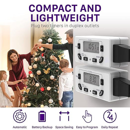 Fosmon 7 Day Digital Timers for Electrical Outlets, Indoor Plug-in Light Timers Switch Programmable, Electric Wall Plug for Grow / Reptile Light, Lamp, Appliance, Aquarium, Fish Tank - 2 Pack