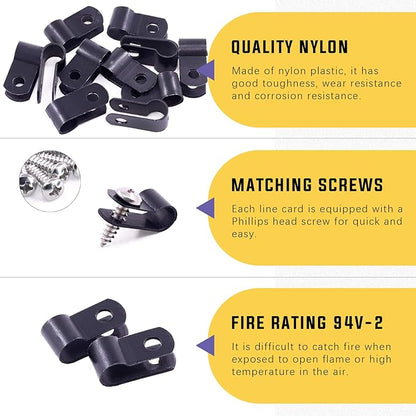 Swpeet 120 Pack Black 1/4 Inch Nylon Plastic R-Type Cable Clips Clamp Kit, Nylon Screw Mounting Cord Fastener Clips with 120 Pack Screws for Wire Management (1/4 Inch, Black)