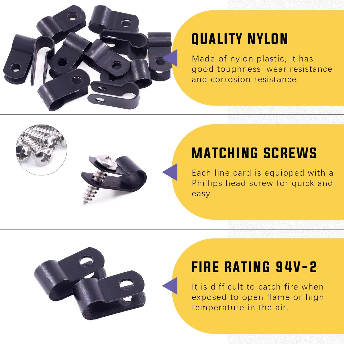 Swpeet 120 Pack Black 1/4 Inch Nylon Plastic R-Type Cable Clips Clamp Kit, Nylon Screw Mounting Cord Fastener Clips with 120 Pack Screws for Wire Management (1/4 Inch, Black)