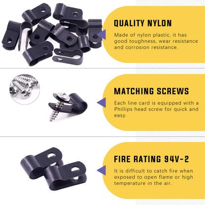 Swpeet 120 Pack Black 1/4 Inch Nylon Plastic R-Type Cable Clips Clamp Kit, Nylon Screw Mounting Cord Fastener Clips with 120 Pack Screws for Wire Management (1/4 Inch, Black)