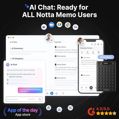 AI Voice Recorder, Notta Memo Digital Voice Recorder w/Case, AI Transcription & Summary of Global Main Languages, 2000h Recording Memory, One-Press Recording for Calls, Meetings, Interviews, Lectures