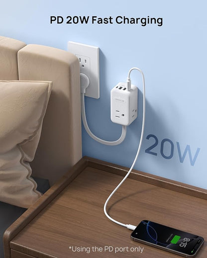 TROND Outlet Extender with 6 Inch Cord - Multi Plug Wall Outlet with PD 20W USB C Plug Adapter, Ultra Short Extension Cord, 3 Way Power Splitter for Bathroom Kitchen Office Dorm Travel Essentials