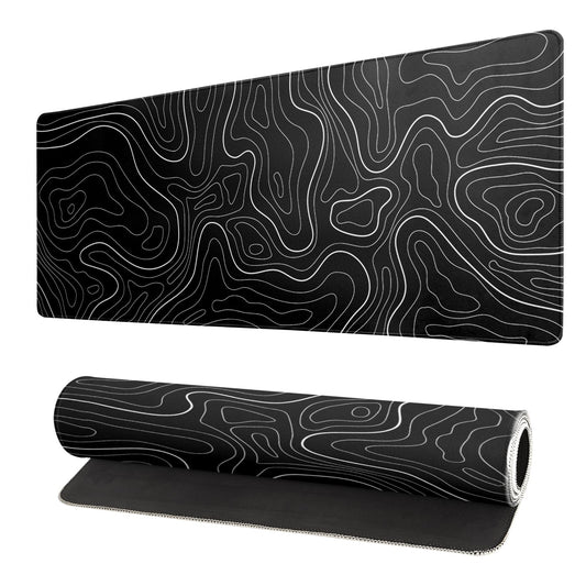 Topographic Contour Black Gaming Mouse Pad XL Geographic Map Lines Extended Big Large Desk Mat Non-Slip Rubber Base Stitched Edge Long Keyboard Mousepad for PC Computer Laptop,31.5x11.8 Inch