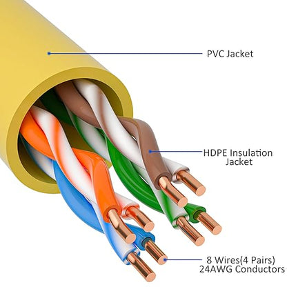 Cat5e Ethernet Cable 100 FT, Long Cat 5e Internet Cable, Yellow Snagless Patch Cord, Flexible, Network, LAN, PoE, Standard RJ45 Connector for PC, Server, Router, Modem, TV, PS5 - with 15 Cable Ties