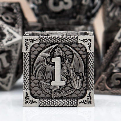 PJOY Metal DND Dice Set Antique Silver Dragon Scale D&D Polyhedral Dice with Dice Case for Dungeons and Dragons TTRPG Gifts