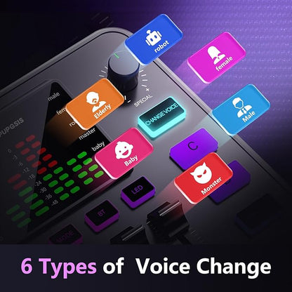 Pupgsis Gaming Audio Mixer, Audio Interface, Sound Board With Pro-Preamp, Noise Cancellation, RGB, Bluetooth, Volume Fader For Streaming/Podcasting/Gaming Maonocaster/Content Create, 6.35mm