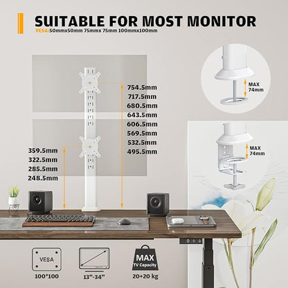 Hemudu Dual Monitor Articulating Desk Mount Arm Stand - Vertical Stack Screen Supports Two 13 to 34 Inch Computer Monitors with C Clamp White
