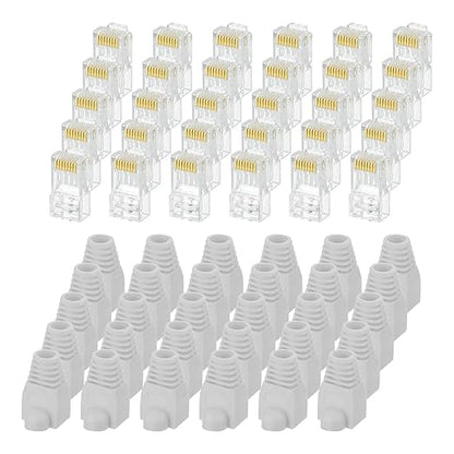 MECCANIXITY 100pcs Cat6 RJ45 Pass Through Connectors, RJ45 Connector 8P8C Gold Plated Plugs with 100pcs Light Grey Strain Relief Boots for Solid or Stranded UTP Ethernet Cable, 1.1mm