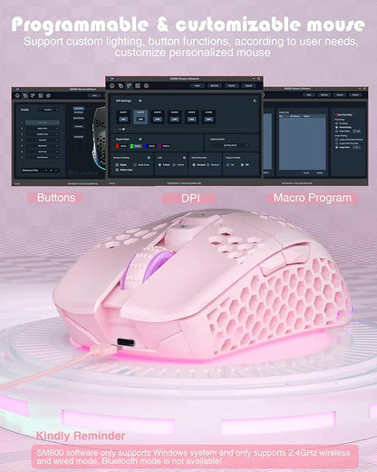 SM600 Pink Wireless Gaming Mouse with Honeycomb Shell, Side Buttons,Tri-Modes(BT5.1+BT5.1+2.4GHz) Lightweight RGB Wireless Mouse for PC/Tablet/Desktop/Office/Games