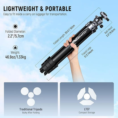 NEEWER LITETRIP LT07 61" Aluminum Travel Tripod Stand for Camera with Pan Tilt Low Profile Ball Head, Arca QR Plate Compatible with Peak Design Tripod Plate V3, Dual Center Axis, Max Load 22lb