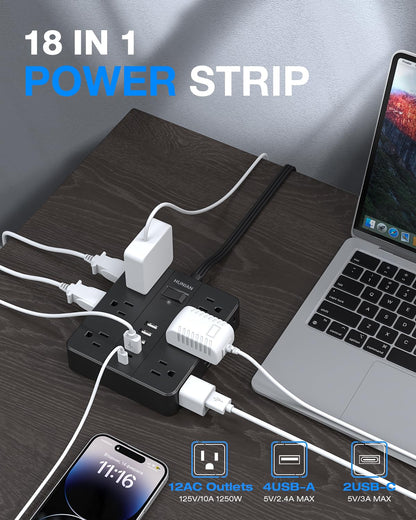 Flat Plug Power Strip, HUNIAN 5 Ft Extension Cord with 12 Widely Spaced Multiple Outlets 6 USB Charger (2 USB C Ports), Desk Charging Station for Home Office Supplies, Black