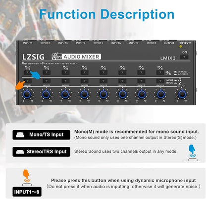 LZSIG Audio Mixer, Stereo Line Mixer for Sub-Mixing, Ultra Low-Noise, 8-Channel, Dynamic Microphone Independent Control, 1/4" & 1/8" TRS Output and Input, for Guitars,Bass,Keyboards