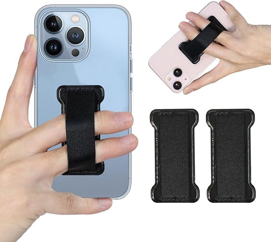 WUOJI Phone Grip Holder for Hand, Universal Finger Strap Phone Holder, Finger Selfie Grip Compatible with Most Smartphones (PU Black) - 2Pack