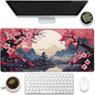 Desk Pad,Pink Cherry Blossom Tree Desk Mat,Mountains and Sun Large Gaming Mouse Pad for Desk,Extended Big Computer Keyboard Mouse Pad with Non-Slip Base and Stitched Edge,35.4"x15.7"