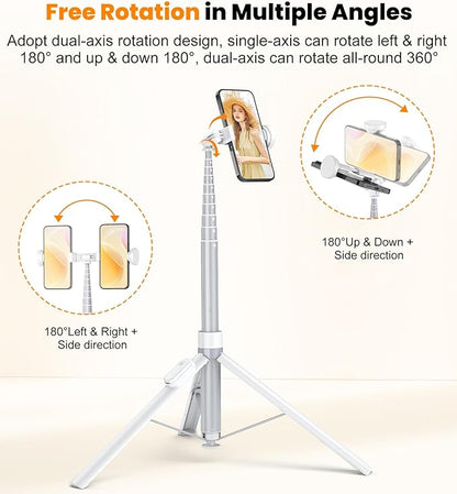 TONEOF 70" Automatic Tripod,Auto-Open Phone Stand with Magnetic Rechargable Remote,Selfie Stick 360° Vertical & Horizontal Rotatable,Stable Travel Tripod for iPhone/Android(White)