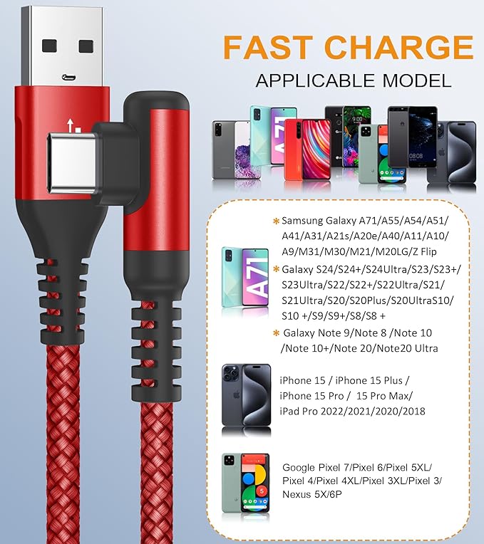 sweguard USB Type C Charger Cable Right Angle [2-Pack,3.3FT] iPhone 16 Charger Nylon Braided Cord for iPhone 15 16 Pro Max Samsung Galaxy S25 S24 S23 S22 S21 S20 S10 S9 Note A15 A55 Flip Pixel LG Moto