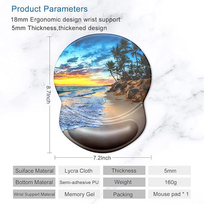 ITNRSIIET Ergonomic Mouse Pad with Gel Wrist Support Small Wrist Rest Smooth Surface Non-Slip PU Base Comfortable Office Supplies Pain Relief, 8.7 x 7.2 inches, Beach