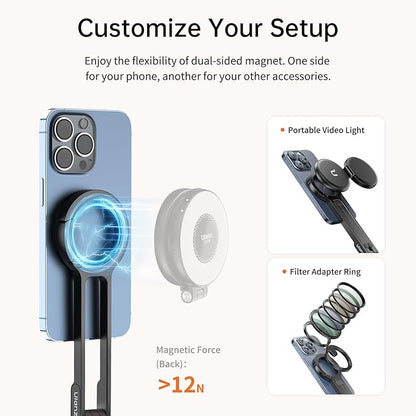 ULANZI MA30 Magnetic Phone Tripod Stand for iPhone - Aluminium Maglock Smartphone Mini Tripod Pocket Cell Phone Stand Strong Magnet Quick Mount Compatible with iPhone 16 15 14 13 12 Series, Black